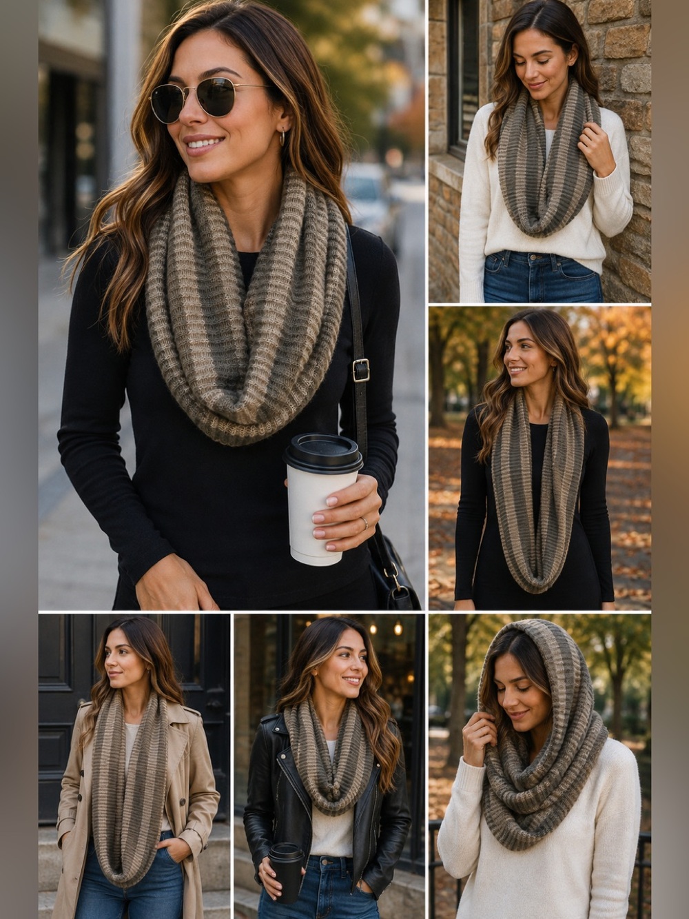 Tan brown beige taupe striped infinity scarf soft fall winter